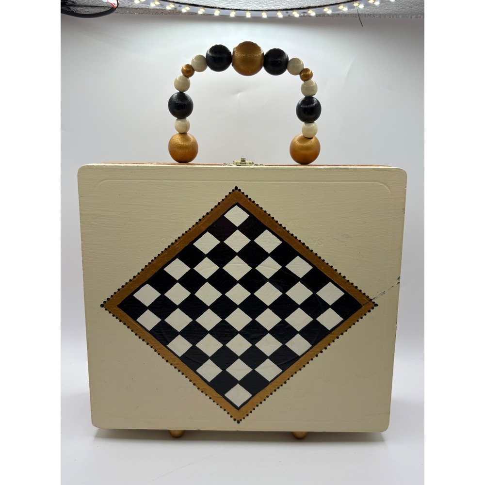 Te-Amo Upcycled Wooden Cigar Box Purse Hand Painted Checkerboard Beaded Handle